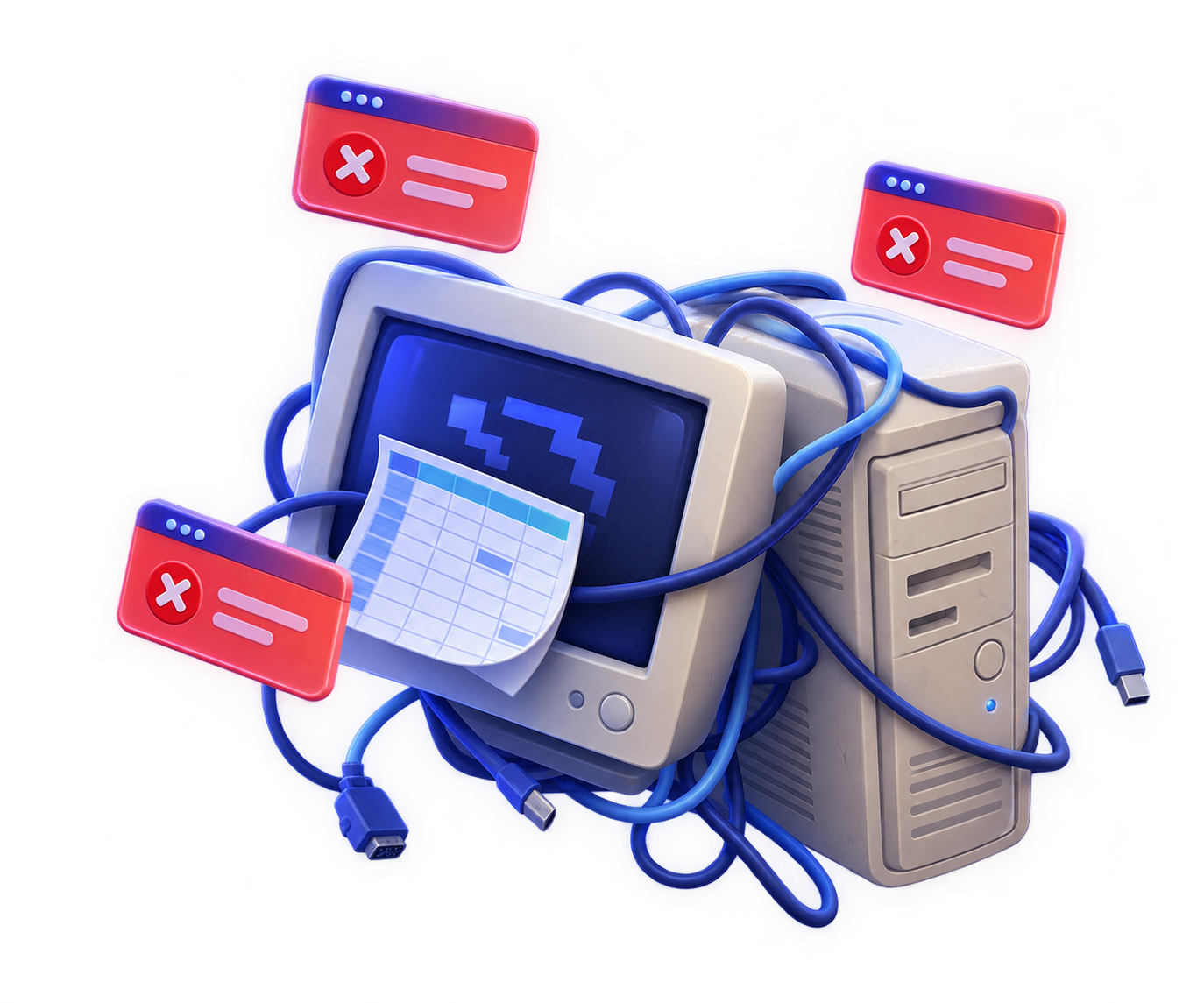 A tangle of spreadsheets, chat windows and error pop-ups